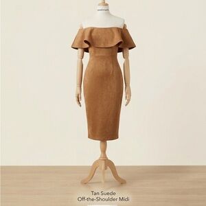 Tan Suede Off-the-Shoulder Midi Dress